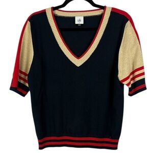 CAbi Cotton Blend Navy Blue Red Beige Trim V-Neck Short Sleeve TV Med Pullover